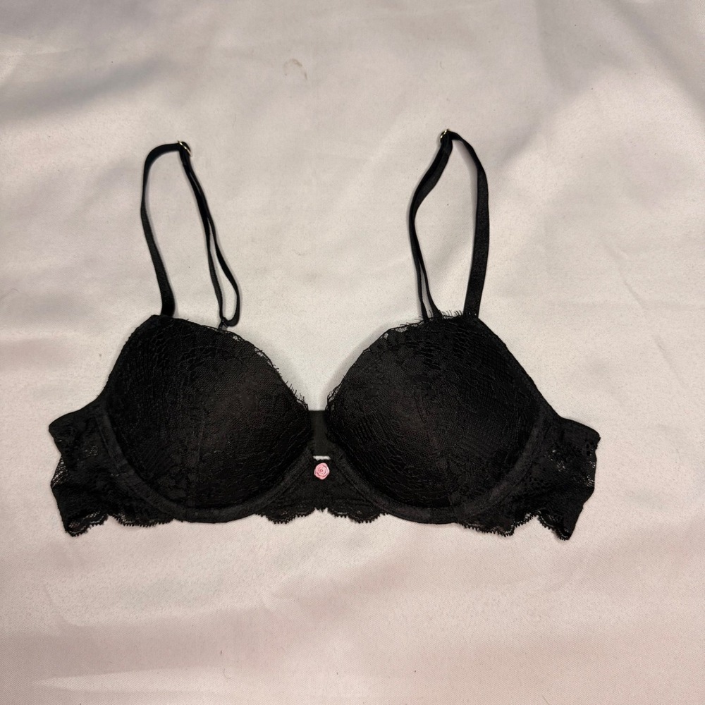 Black Floral Lace Push Up Underwire Bra with Pink Rosette‎ Detail Womens
